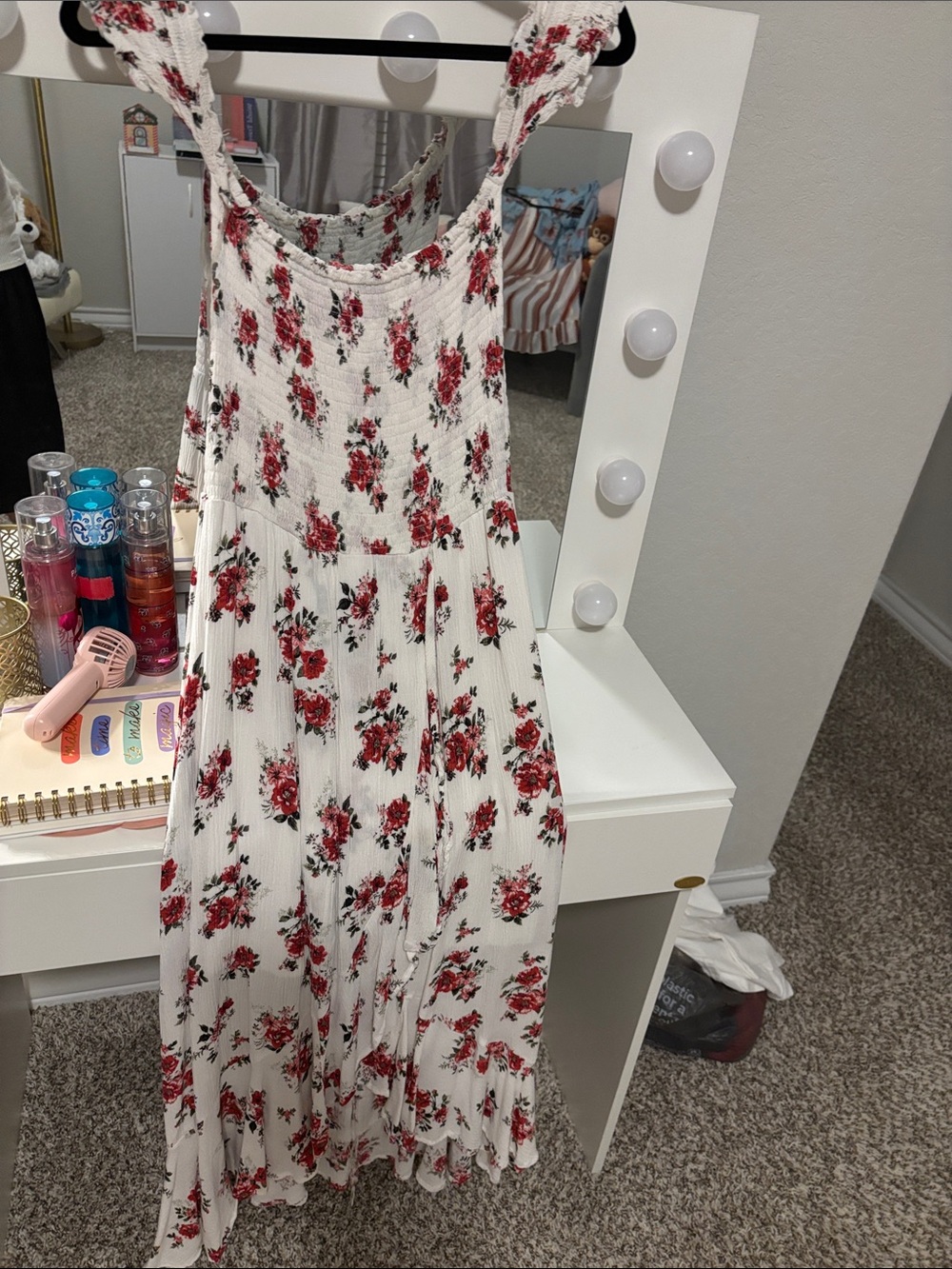 Medium White Floral Maxi Dress with Red Rose Print